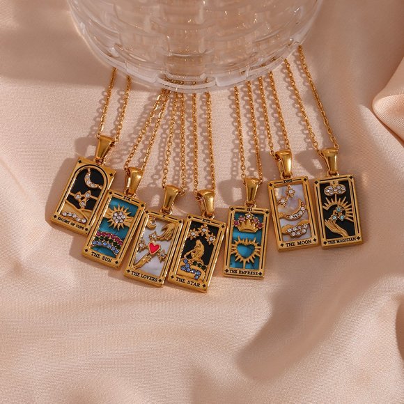Sun Tarot Card Pendant Necklace 18K Gold Enamel Rectangle Stainless Steel - Picture 9 of 9